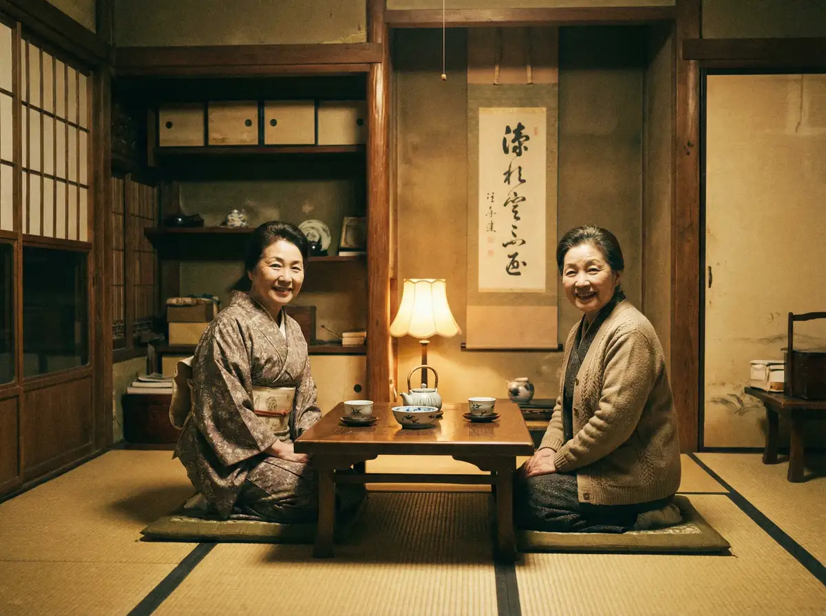 两位优雅的 牛奶秋刀姨 在日式茶室中品茶交谈